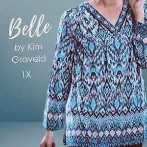 Women's 1X Ikat Print Stretch V-Neck Blouse by Belle